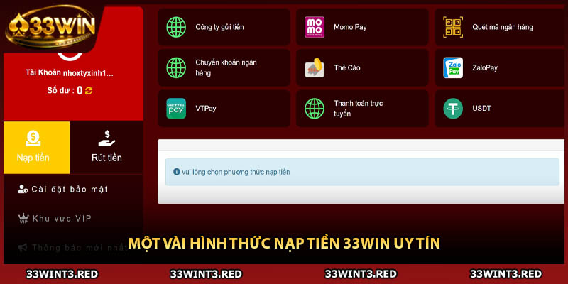 Một vài hình thức nạp tiền 33WIN uy tín
